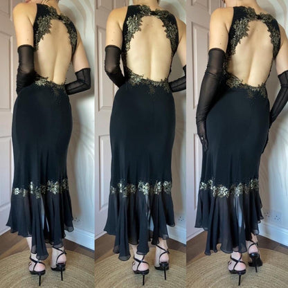 Black open back lace midi dress UK 6-8