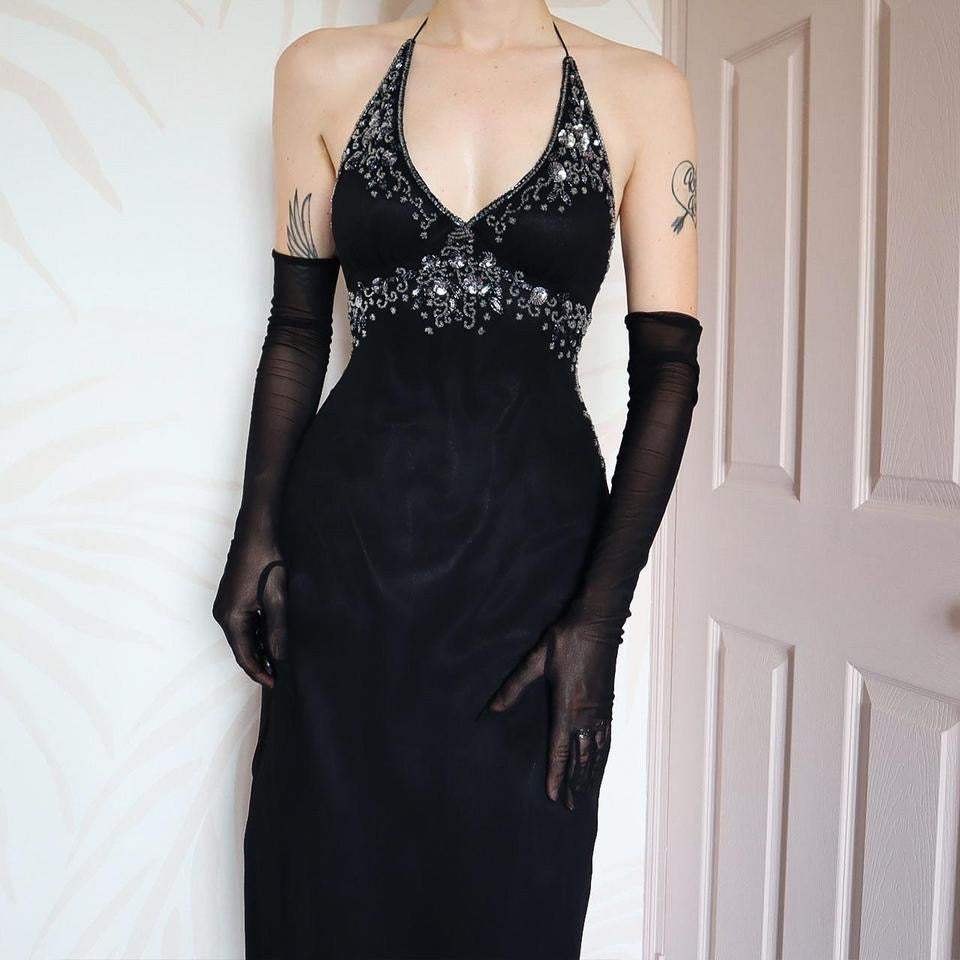 Black beaded halter neck evening dress UK 14