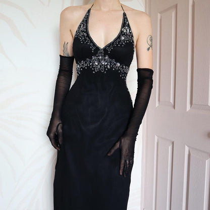 Black beaded halter neck evening dress UK 14