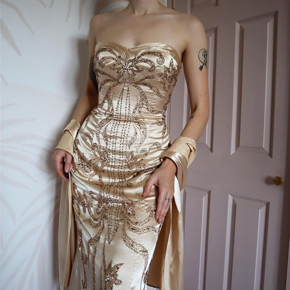 YVE London gold beaded strapless gown & shawl UK 12