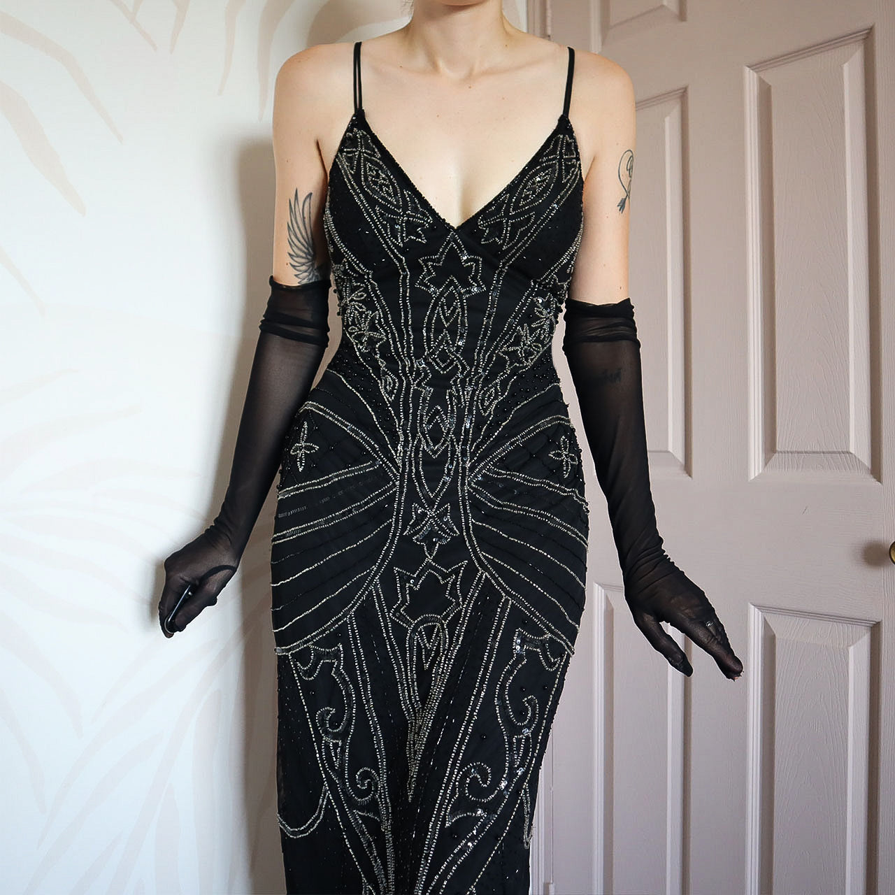 Black beaded Kaleidoscope evening gown UK 10