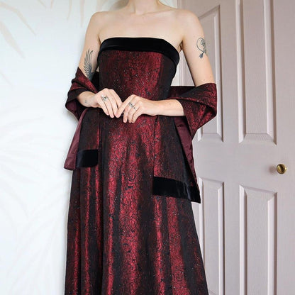 Glittery red Mosaic strapless evening gown & shawl UK 14