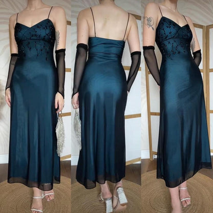 Blue stretch beaded evening midi dress uk 10