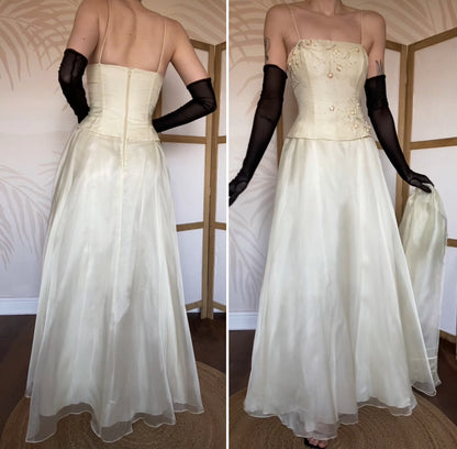 Niki Livas pale yellow organza prom dress & shawl UK 12