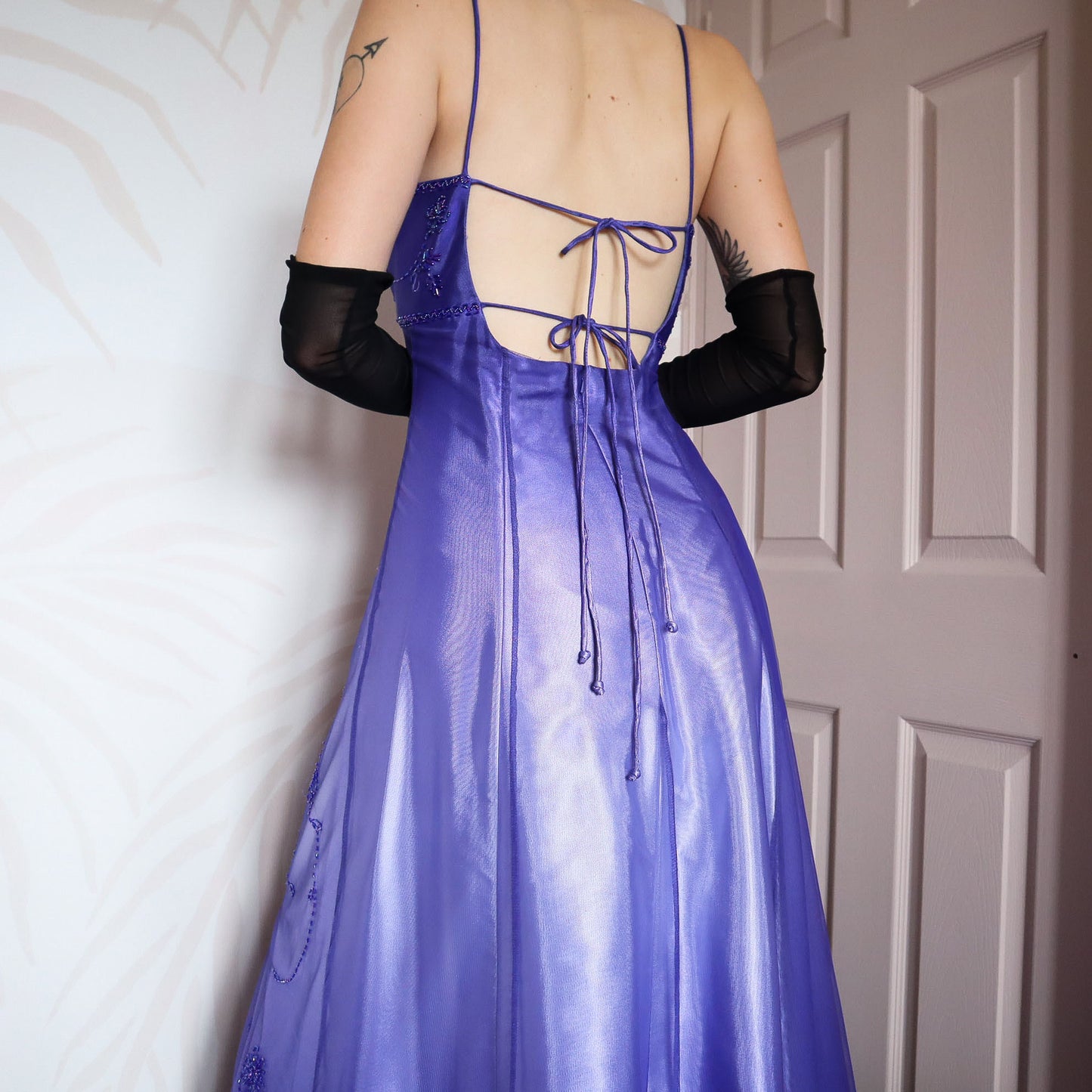Purple satin beaded evening dress UK 12