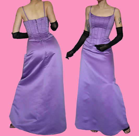 Purple vintage Hilary Morgan corset evening dress UK 10-12