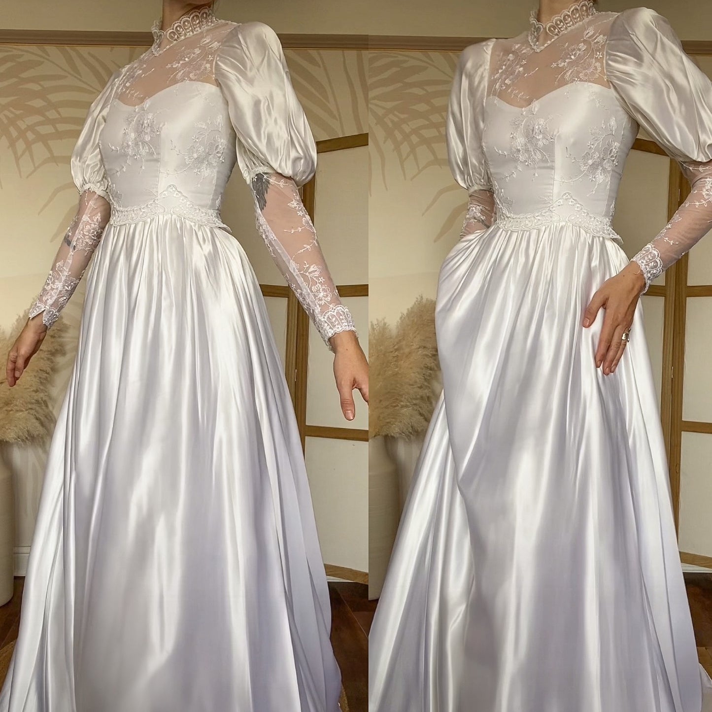 White satin & lace 80s wedding dress UK 6/XS
