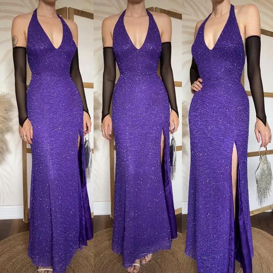 Purple beaded halter-neck evening dress uk 12