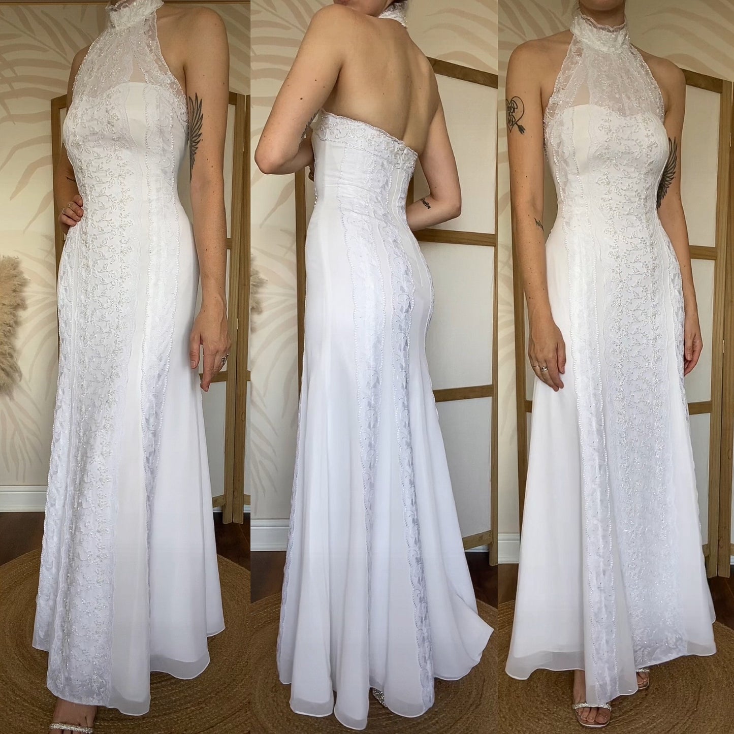 Frank Usher white lace high neck beaded wedding dress UK 12