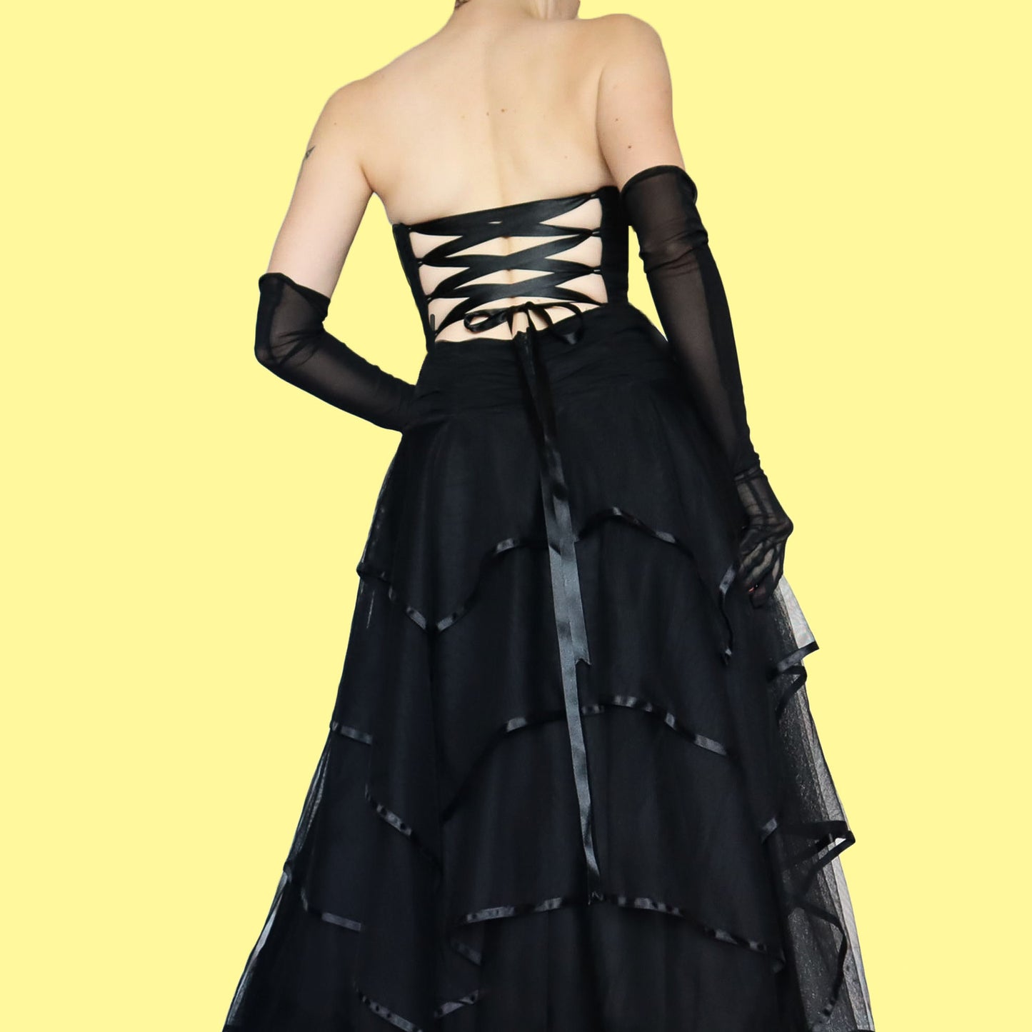 Black layered strapless evening gown UK 10