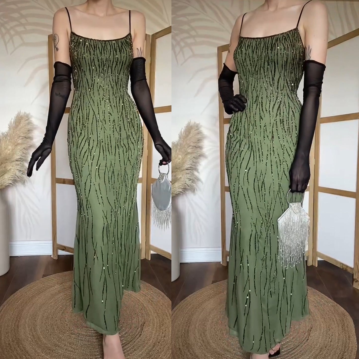 Green pure silk beaded evening dress uk 12
