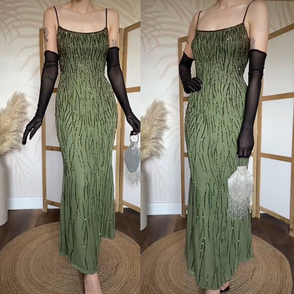Green pure silk beaded evening dress uk 12