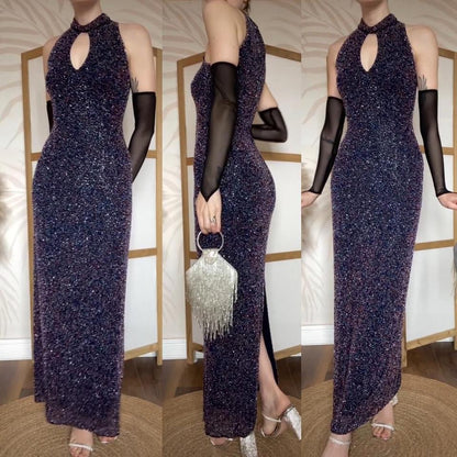 Navy silk high neck beaded evening dress UK 12-14