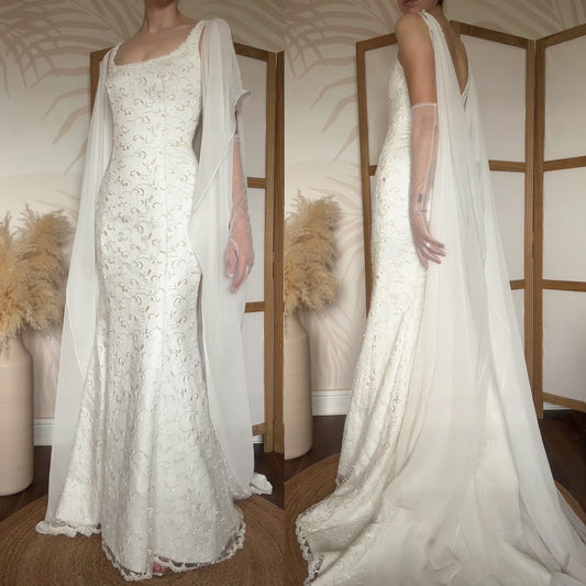 Ivory lace chiffon detail wedding dress uk 10