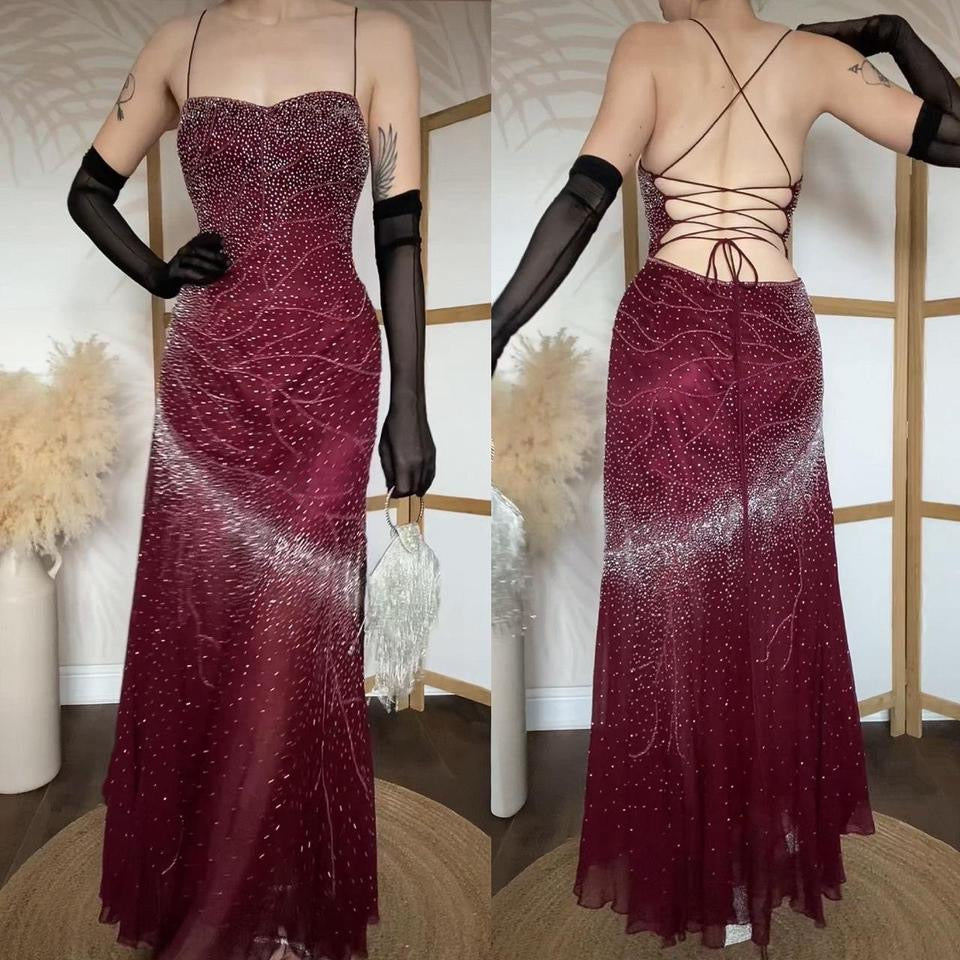 Burgundy vintage 100% silk beaded evening dress uk 14