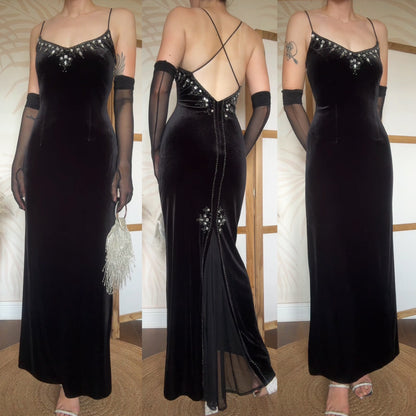 Black velvet stretch 90s evening dress uk 12