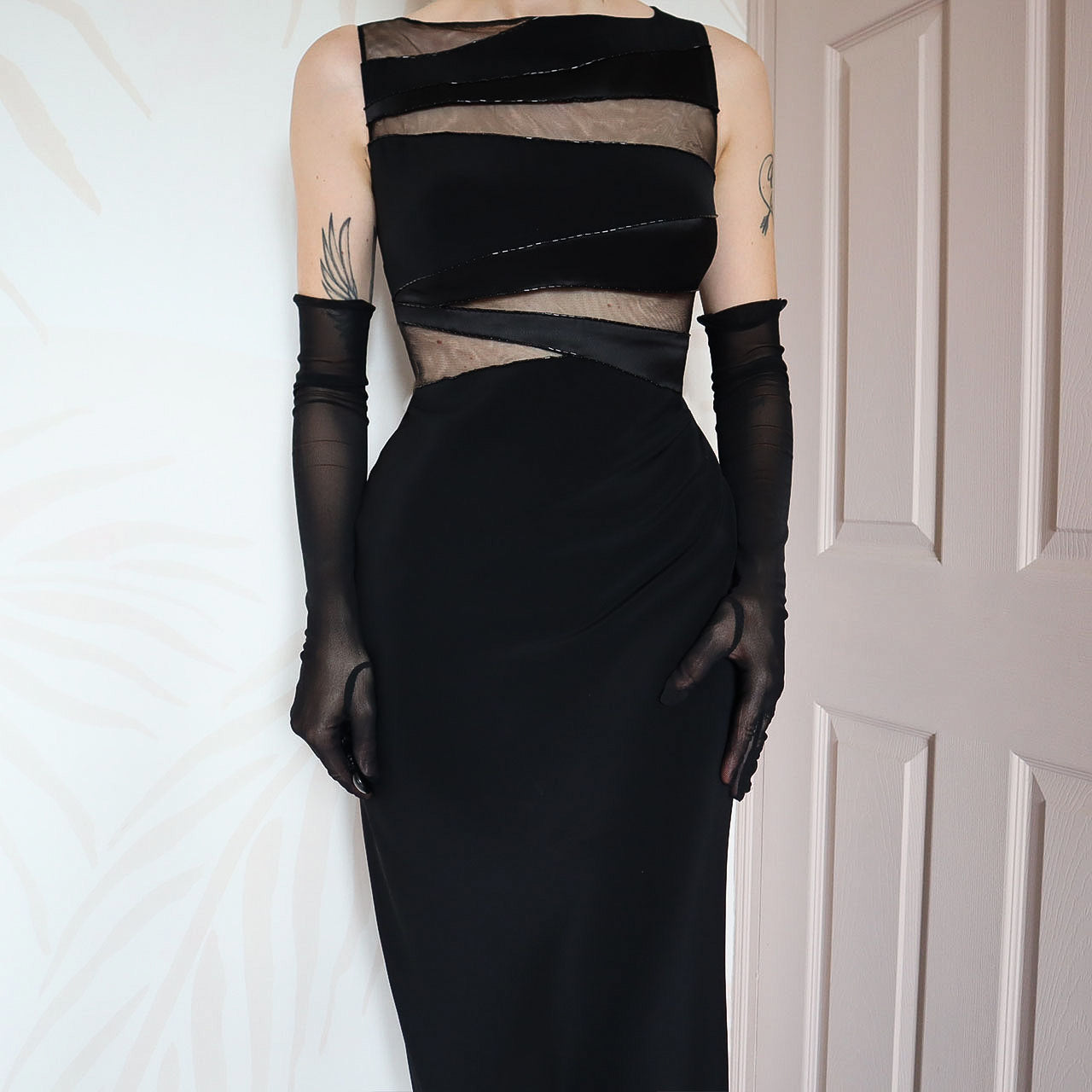 Black Dusk beaded sheer cut out evening dress UK 14