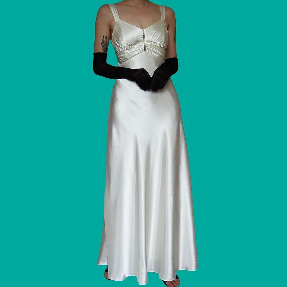 White satin Zum Zum diamanté evening gown UK 10