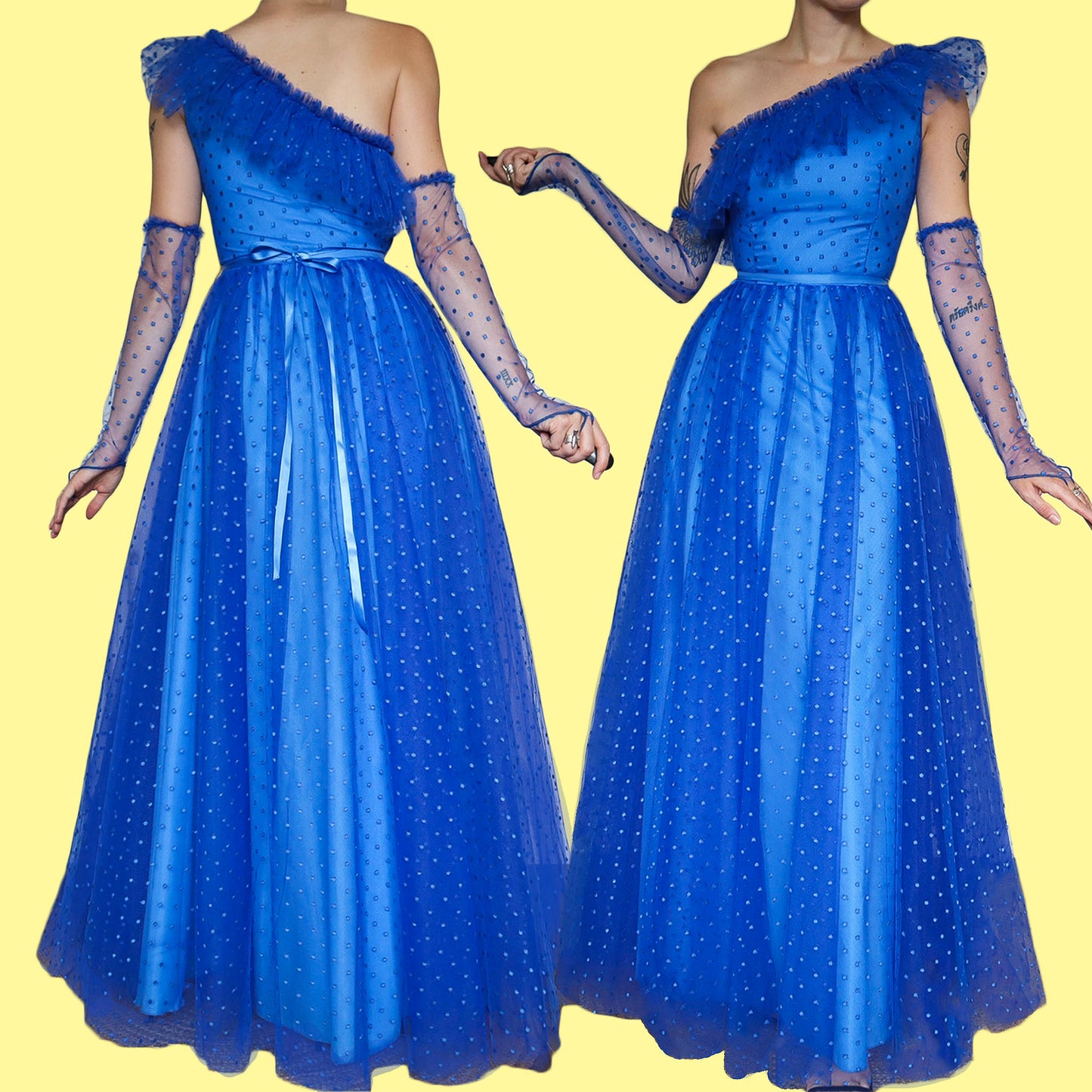 Bright blue 80s polka dot lace one shoulder gown UK 8-10