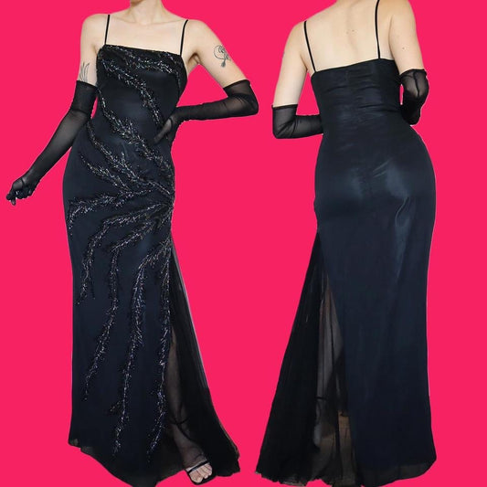 Milano black beaded fitted evening gown UK 12