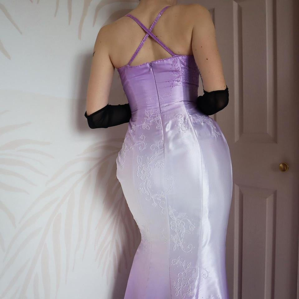 YVE London purple satin beaded fishtail evening gown UK 10