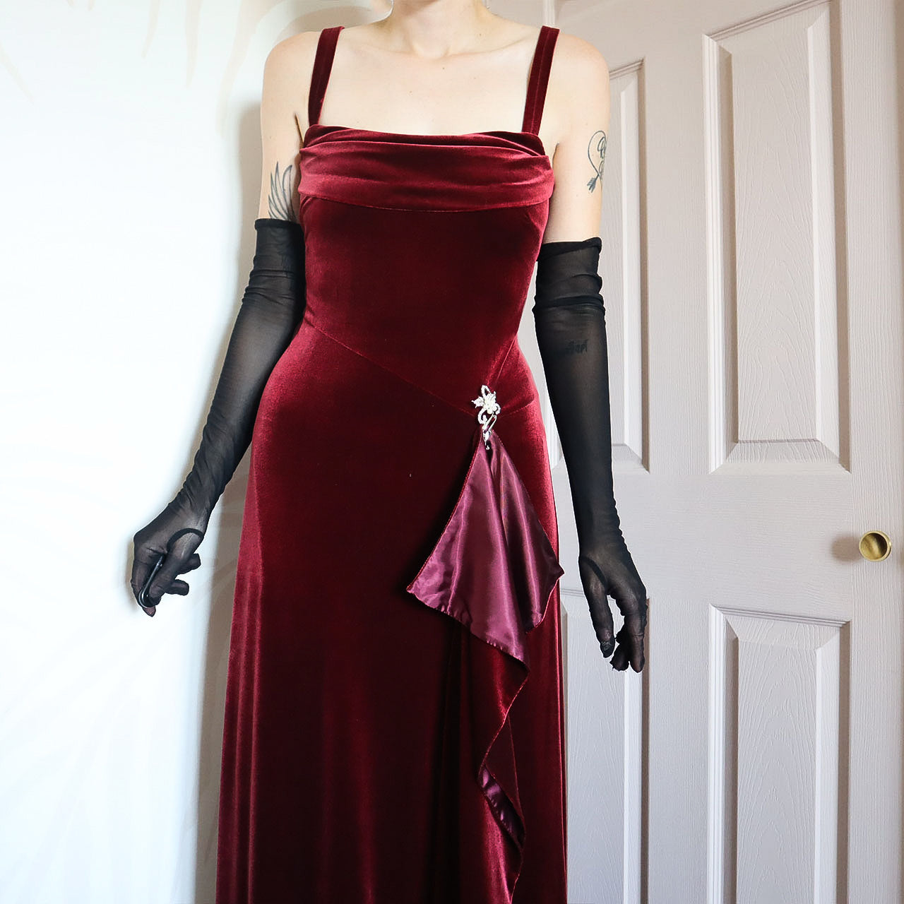 Kaliko red velvet stretch evening gown UK 12