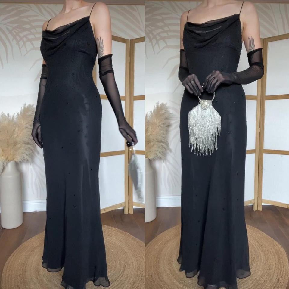 Dave & Johnny 100% silk beaded black evening dress uk 14
