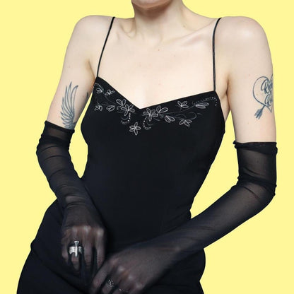 Black 90s stretch floral embroidered evening dress UK 14