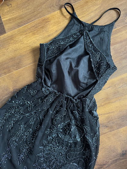 Black beaded open back evening dress uk 10