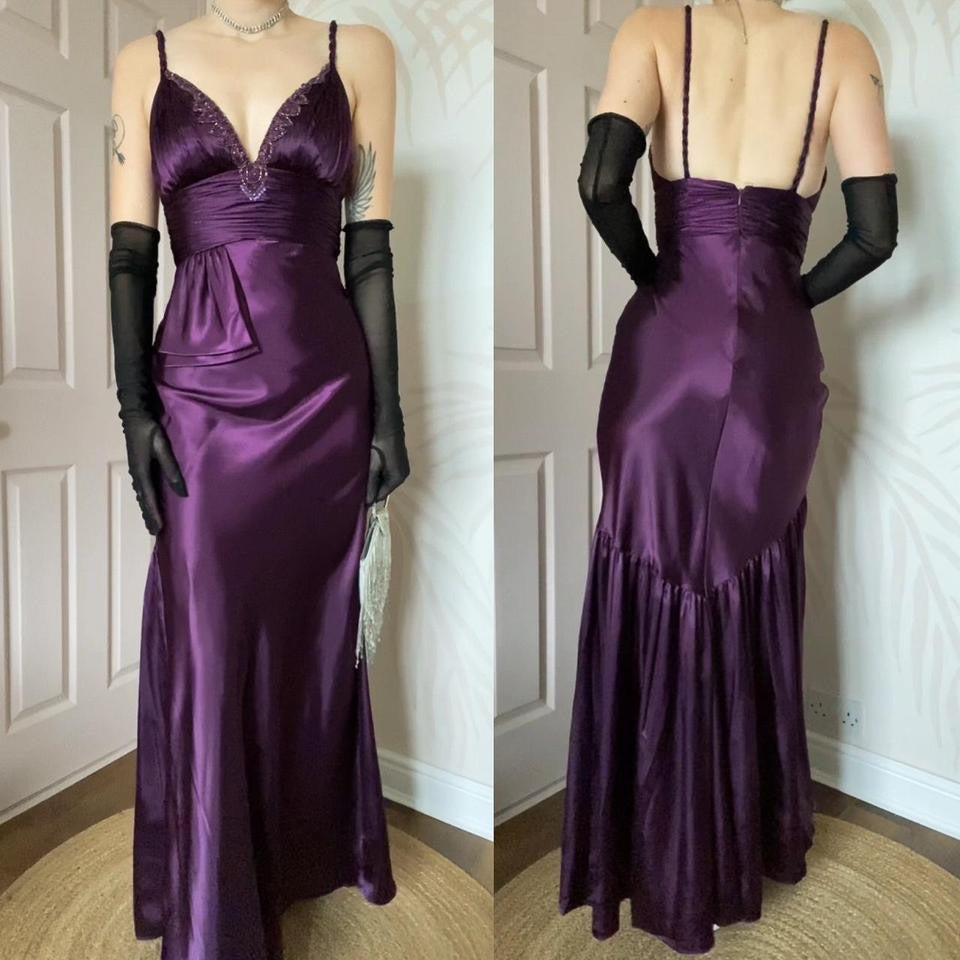 Purple satin Dave & Johnny evening dress UK 8