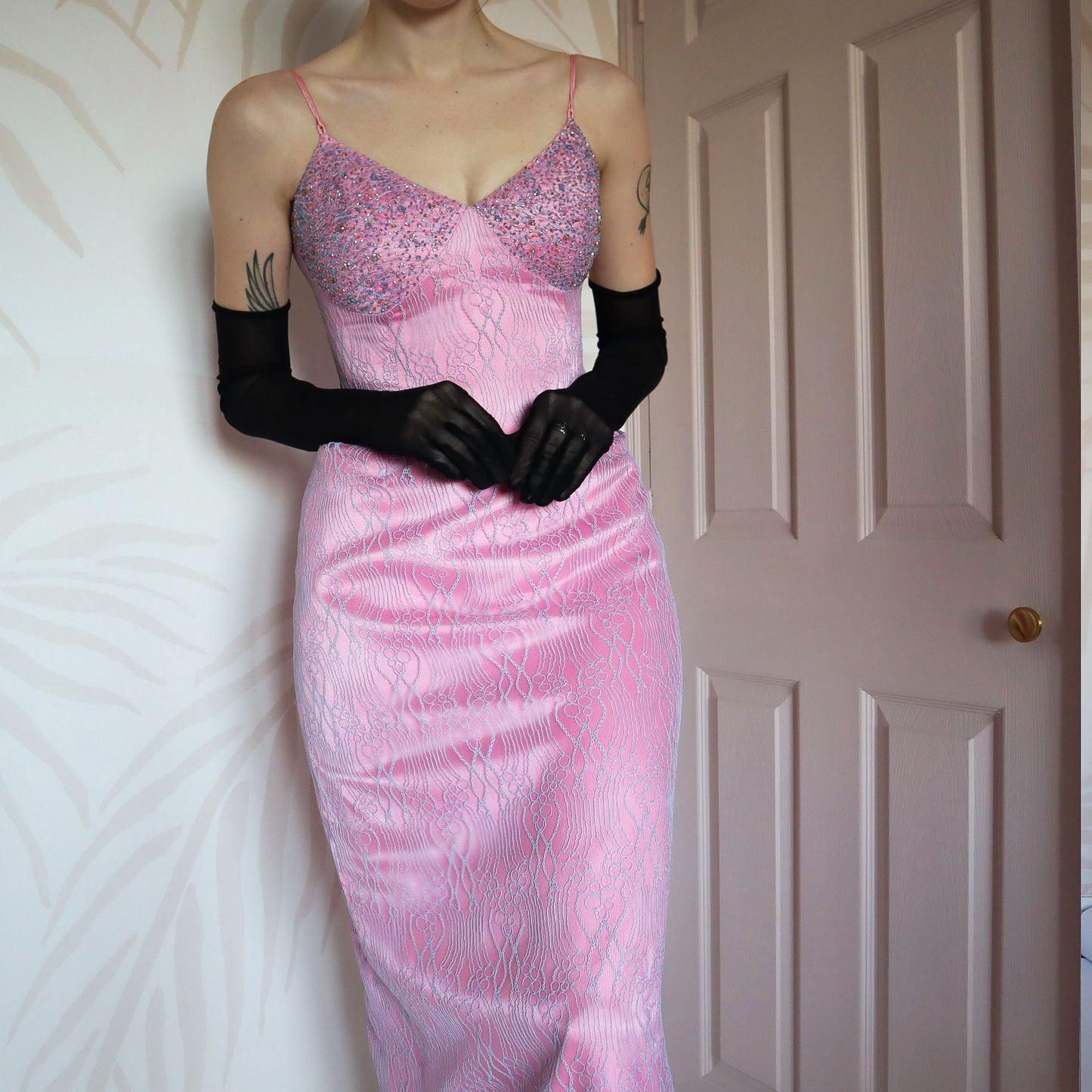 After Six pink lace fitted evening dress UK 12