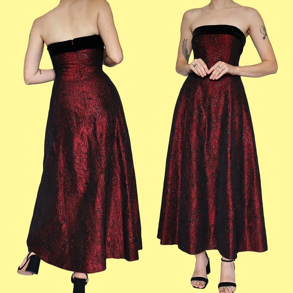 Glittery red Mosaic strapless evening gown & shawl UK 14