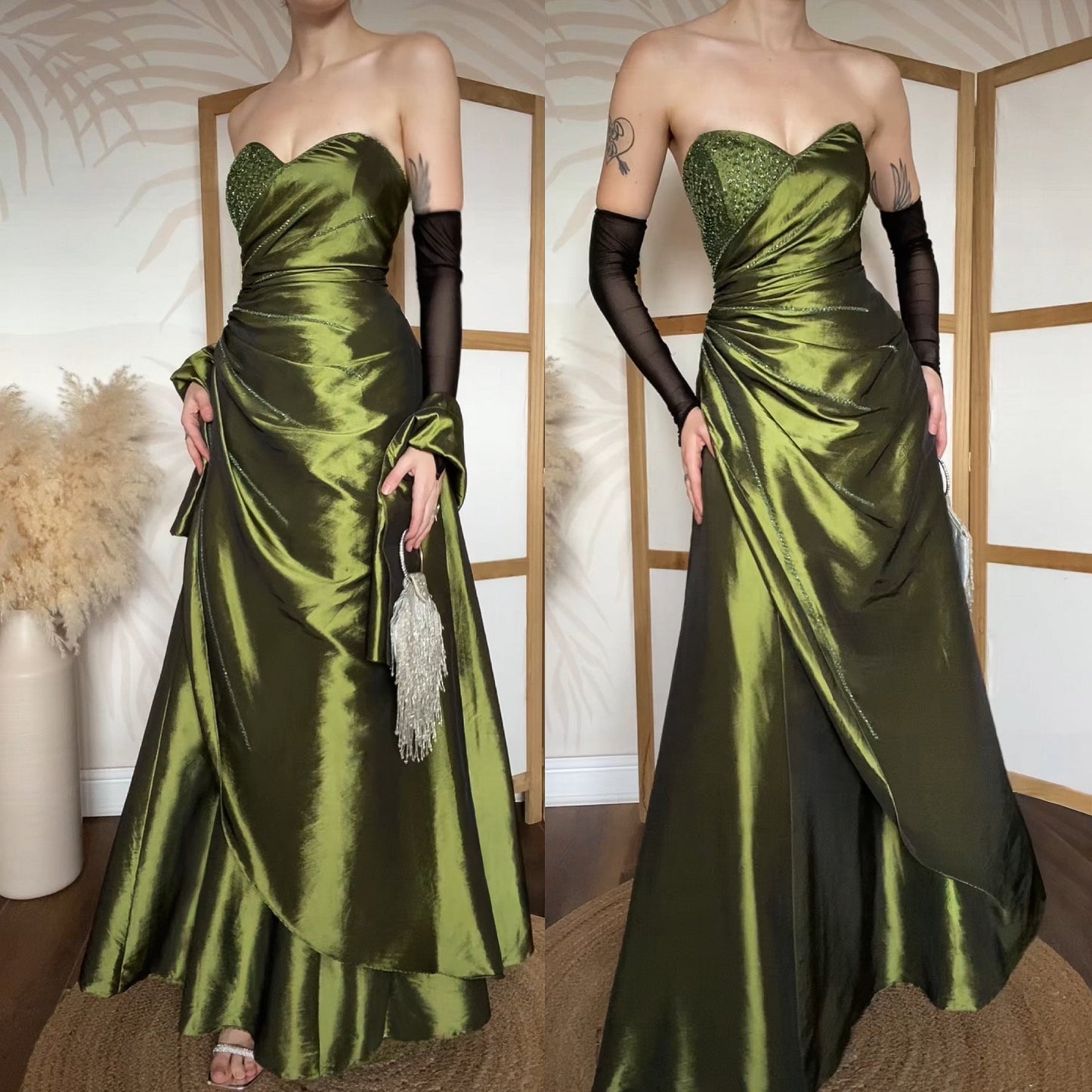 Olive green strapless beaded prom dress & shawl uk 14