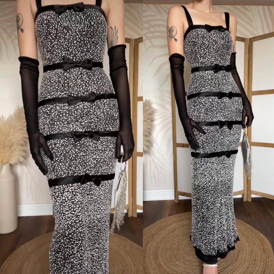 Sousourada 100% silk black & white beaded evening dress uk 6-8