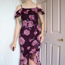 Load image into Gallery viewer, Purple Etam floral cold shoulder frilly summer dress UK 10
