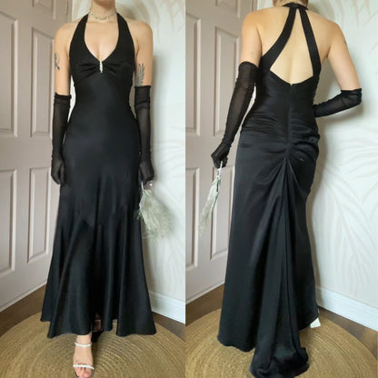 Flori black silky fishtail evening dress UK 10