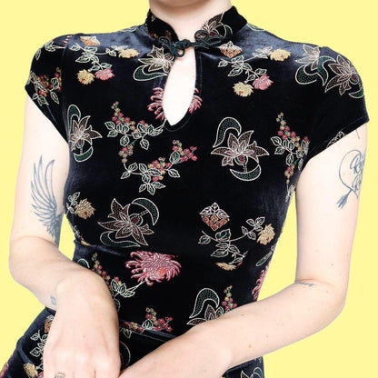Black velvet short sleeve evening dress UK 12