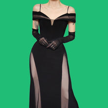 Load image into Gallery viewer, Black Morgan &amp; Co stretch cold shoulder evening dress UK 12
