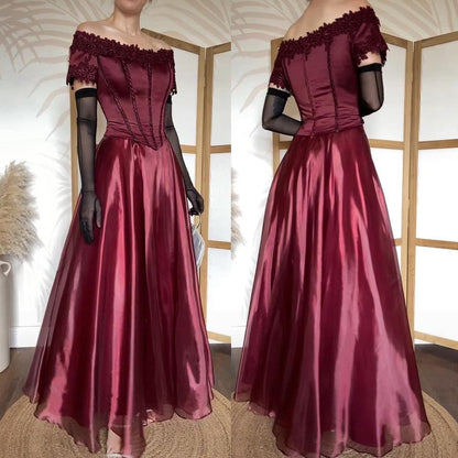 Burgundy off shoulder a-line prom dress uk 14