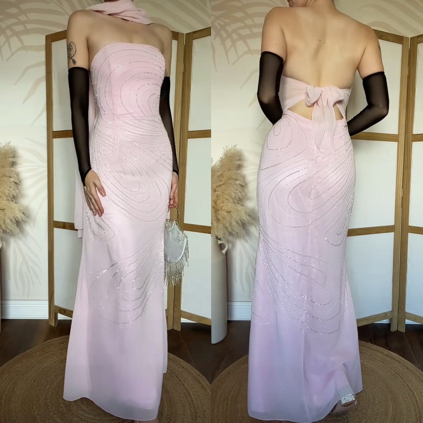 Light pink strapless beaded evening dress & shawl uk 14