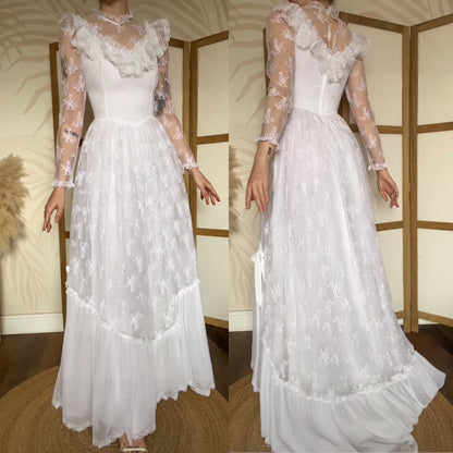 White lace long sleeve 70s wedding dress uk 10