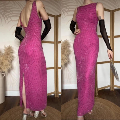 Fuchsia pink silk beaded evening dress UK 14