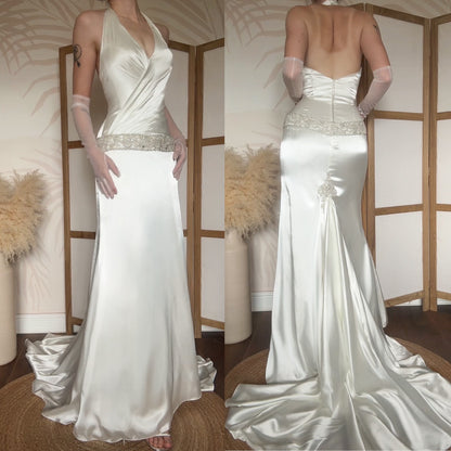 Ivory satin halter-neck wedding dress uk 10-12