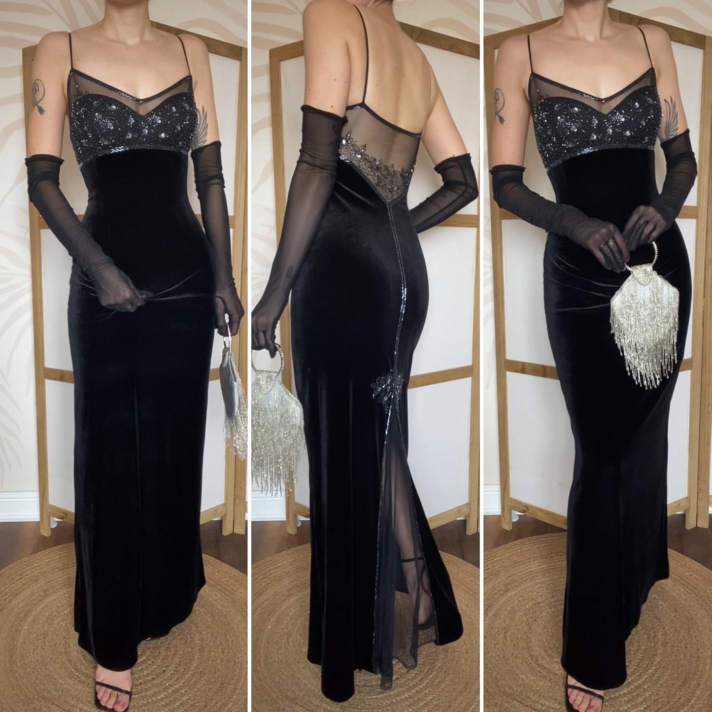 Black Dave & Johnny velvet beaded stretch evening dress UK 14