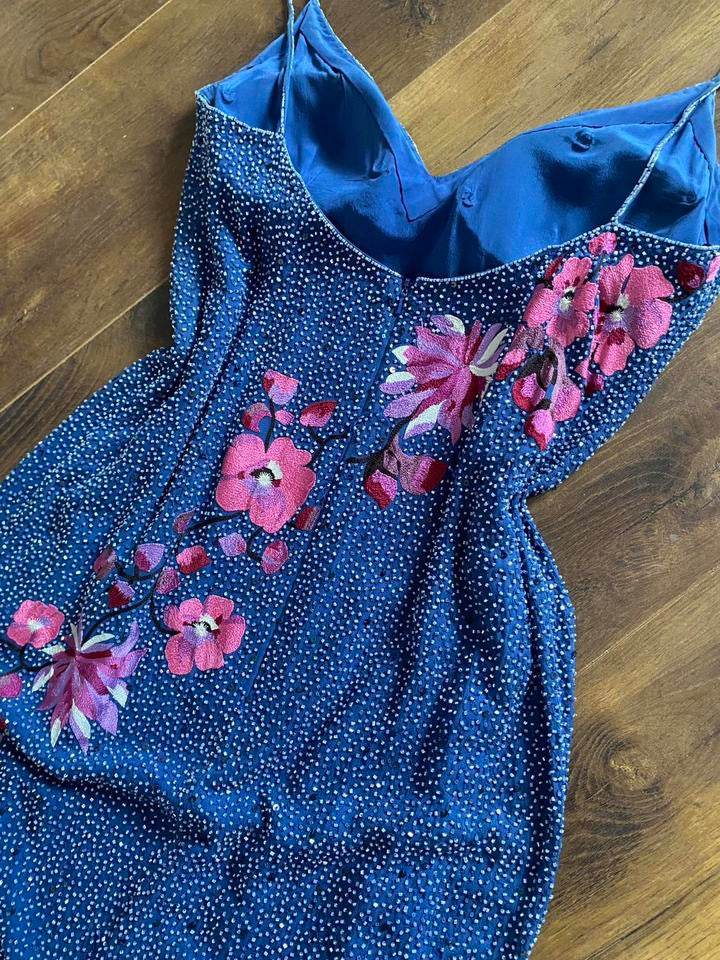 Blue silk beaded floral evening dress UK 12-14