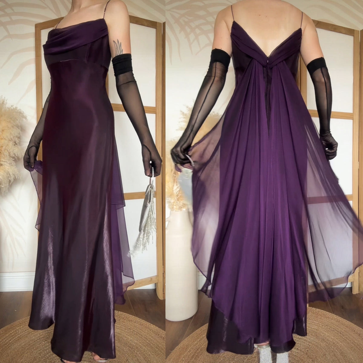 Purple satin & chiffon evening dress uk 16