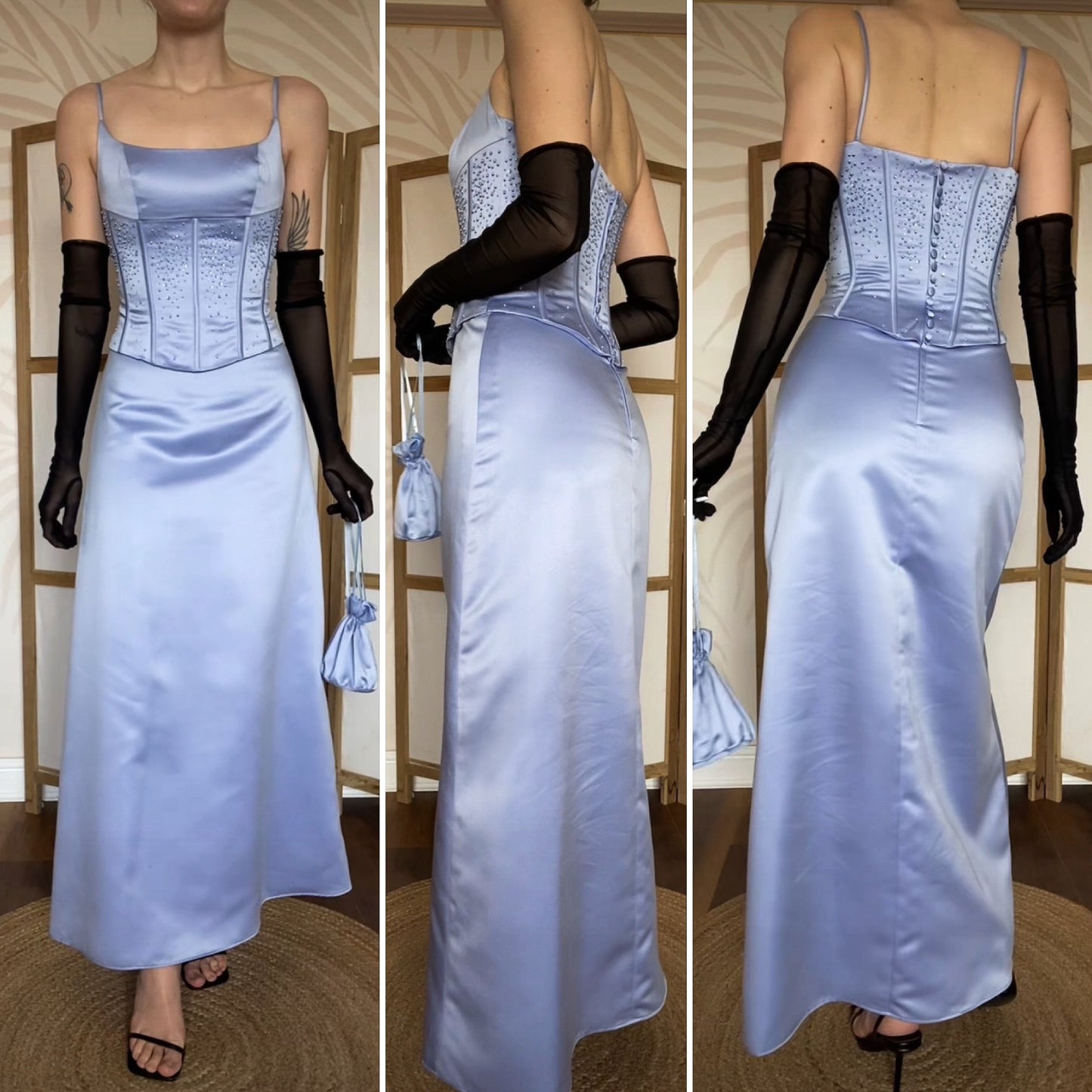 Hilary Morgan dusky blue evening dress & bag UK 10