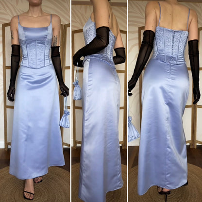 Hilary Morgan dusky blue evening dress & bag UK 10