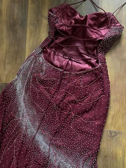 Burgundy vintage 100% silk beaded evening dress uk 14