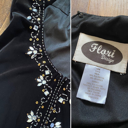Flori Design black velvet beaded evening dress UK 14